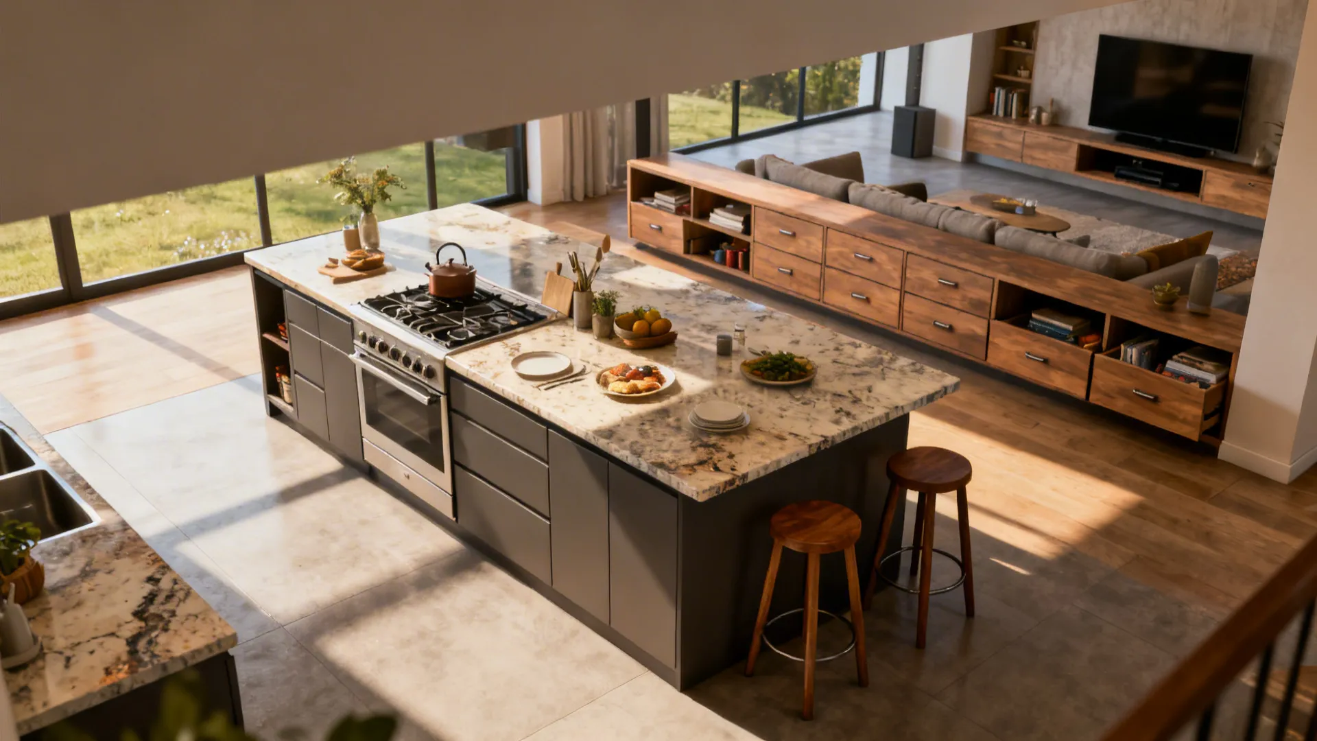 Top-down view of a multifunction kitchen island with seating, prep area and storage facing the living room.