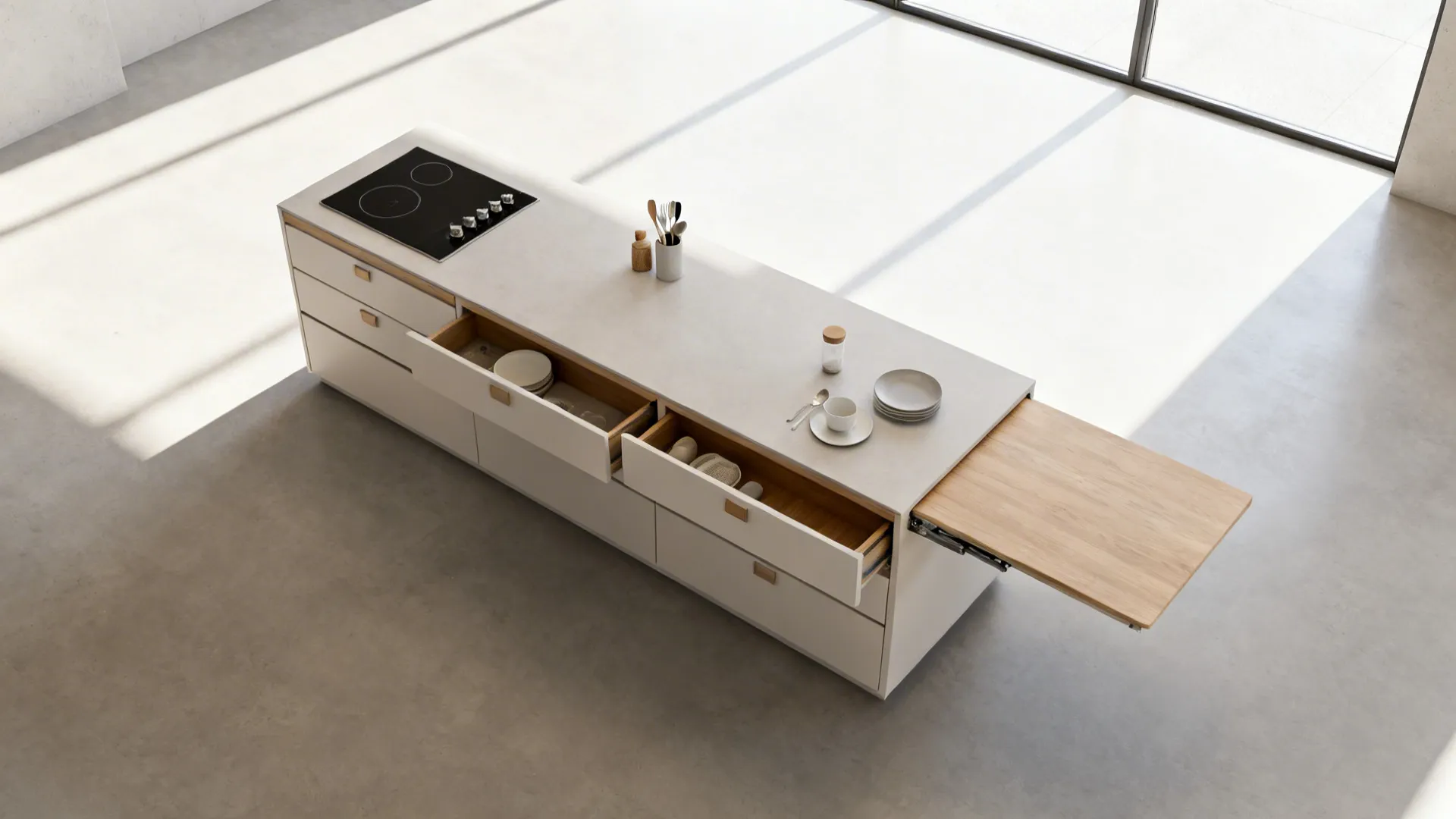 Top-down view of a narrow multifunctional island with fold-down leaf in a small kitchen