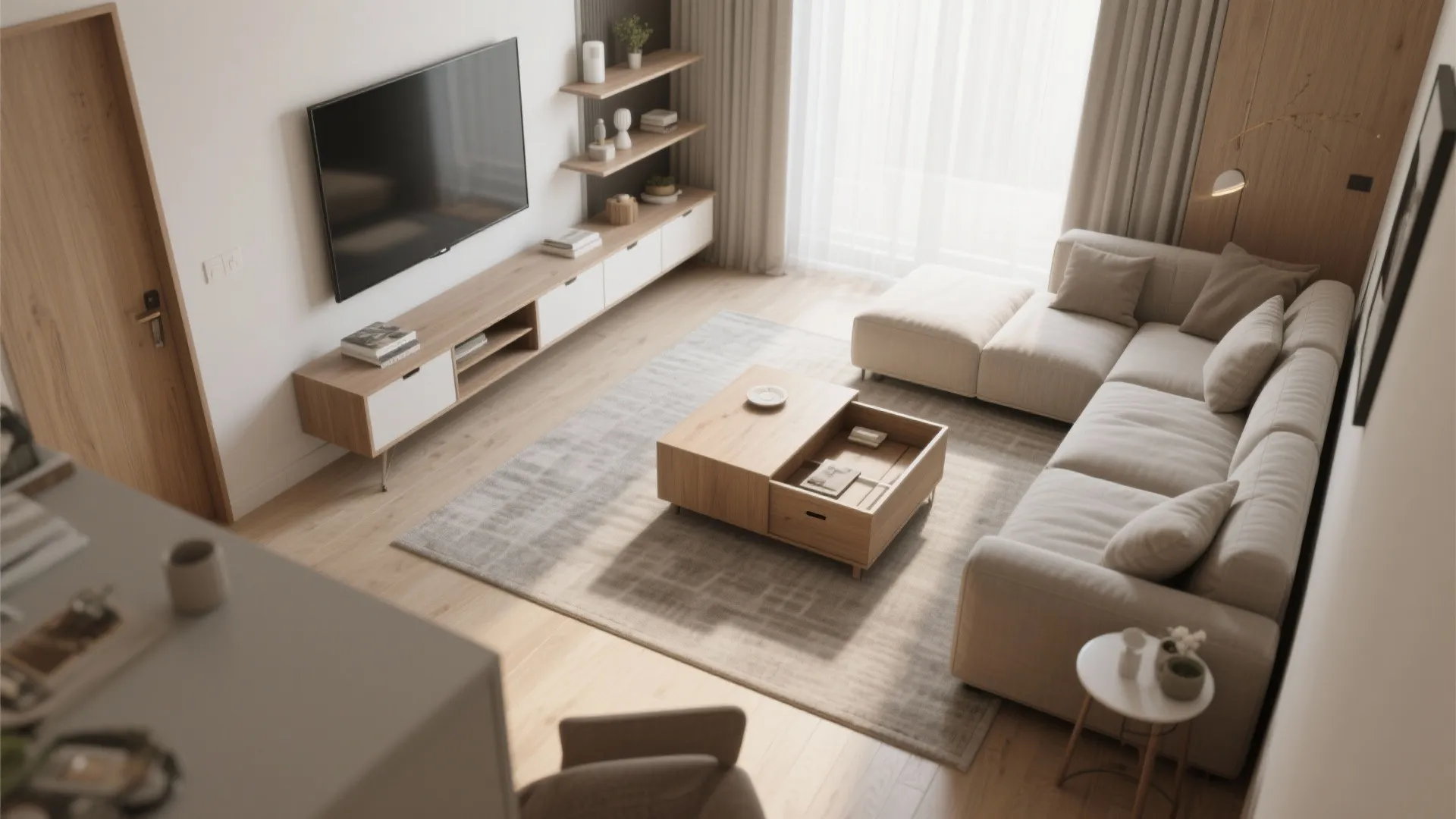 Modern living room layout with large beige sofa wooden coffee table television cabinet and grey rug