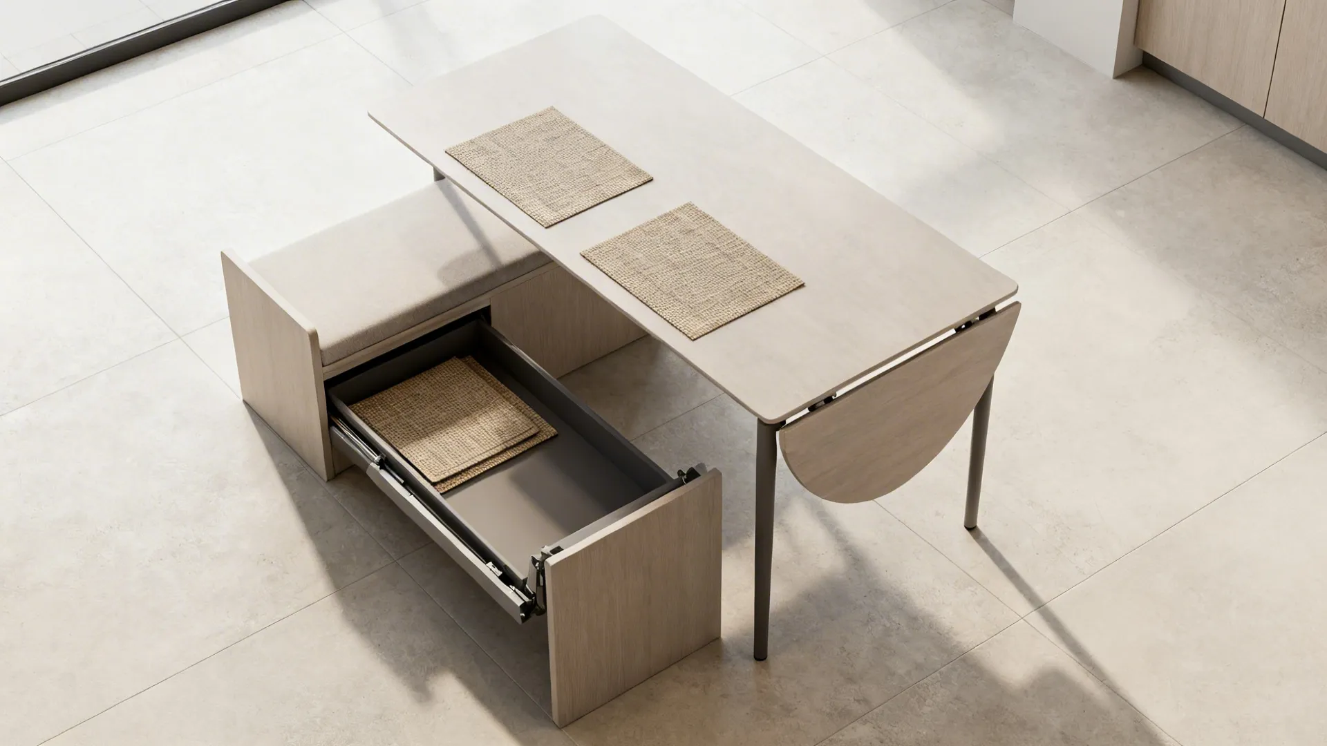 Light wood dining table with integrated bench and open drawer showing storage in modern room