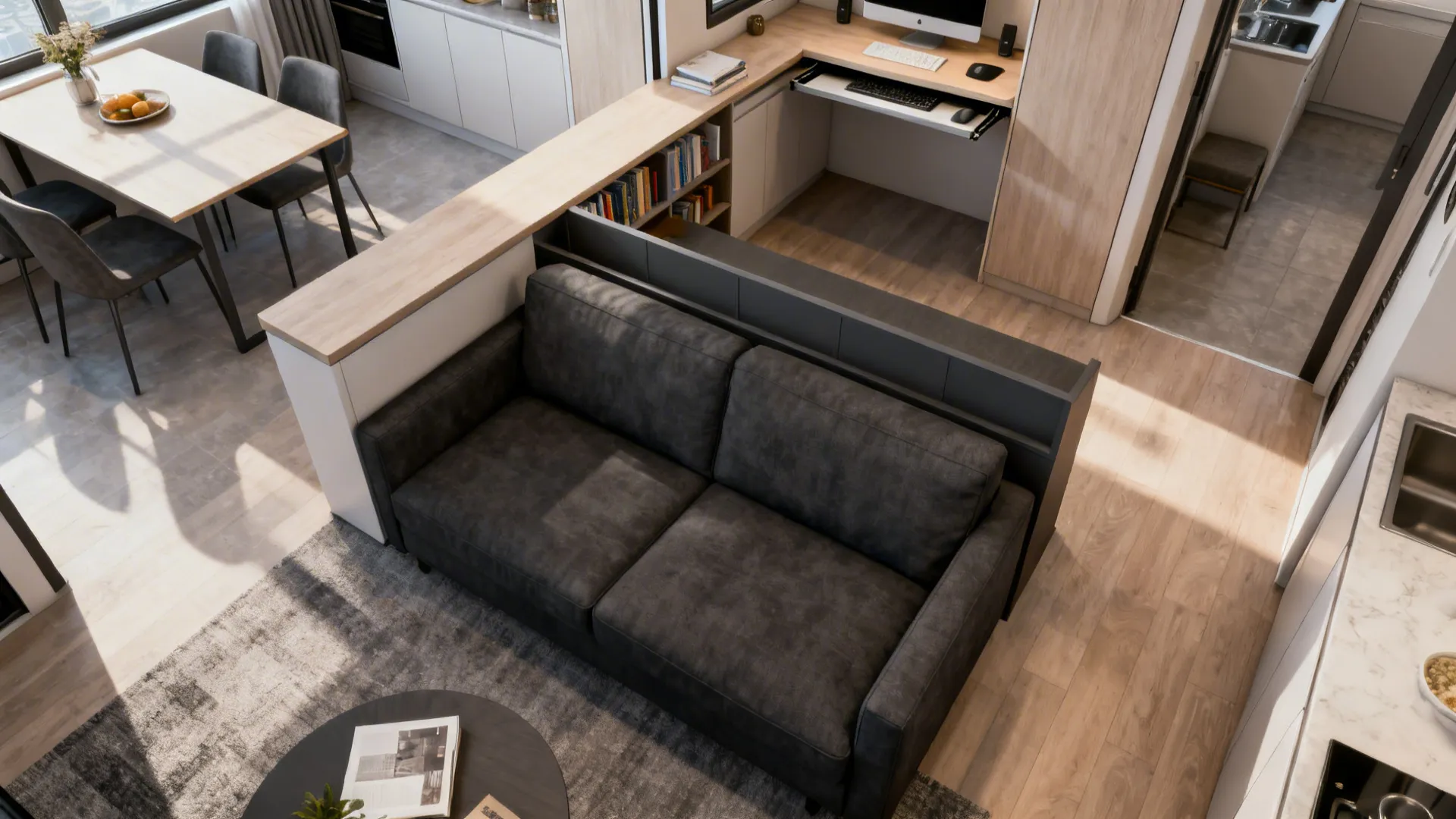Compact living space with a charcoal sofa used as a divider and a slim console desk behind it.