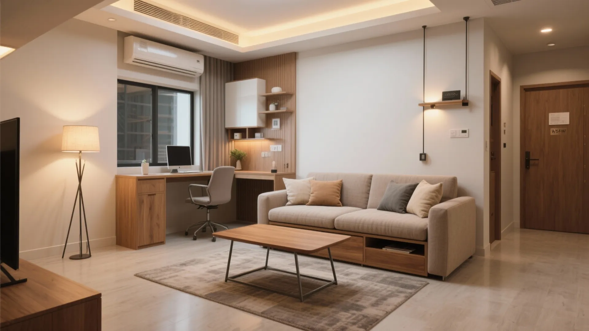 Modern living room featuring beige sofa wooden coffee table floor lamp and functional home office