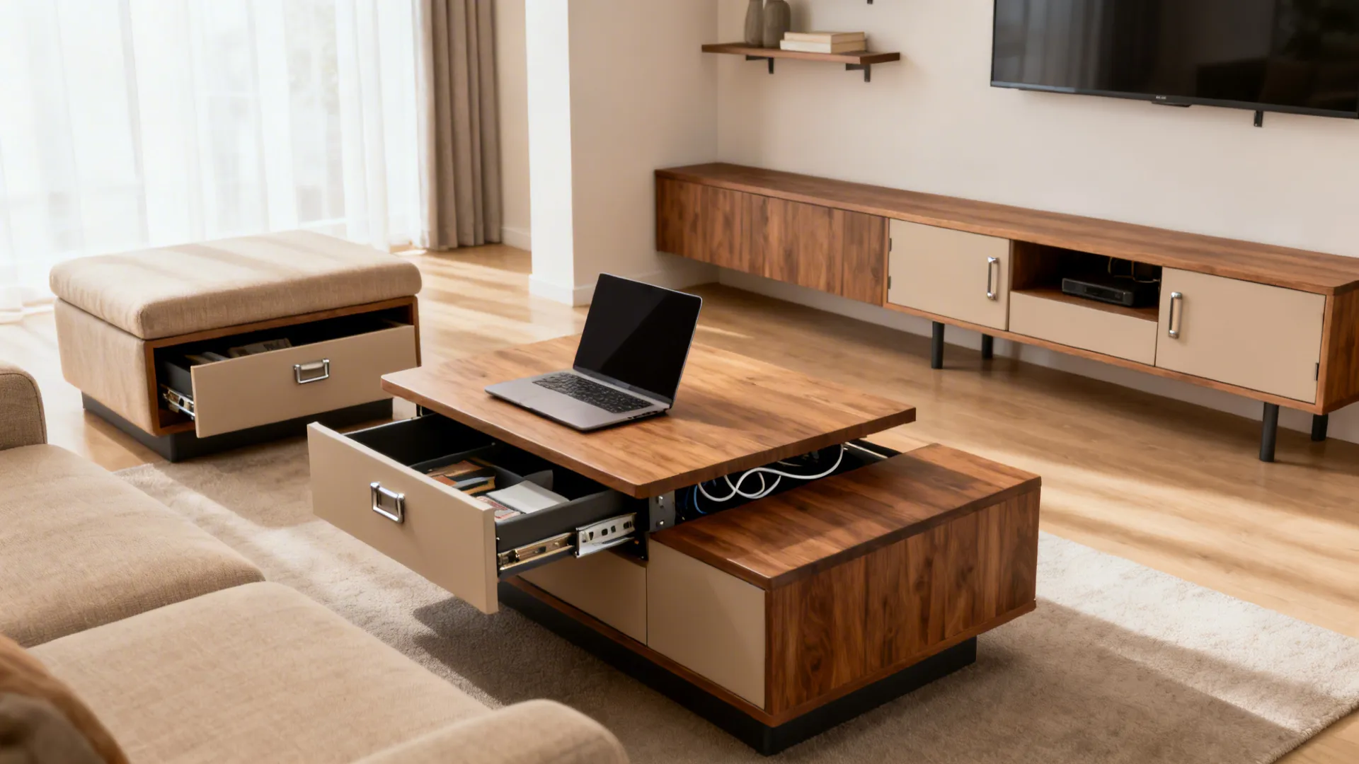 Tiny living room with lift-top coffee table, storage bench, and concealed media storage.