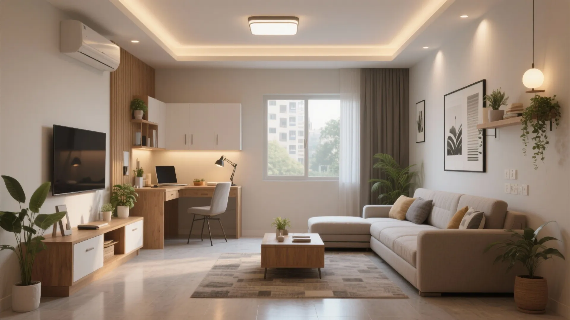 Multi-Functional Living: Sofa Bed, Fold-Down Desk, Zoned Lighting