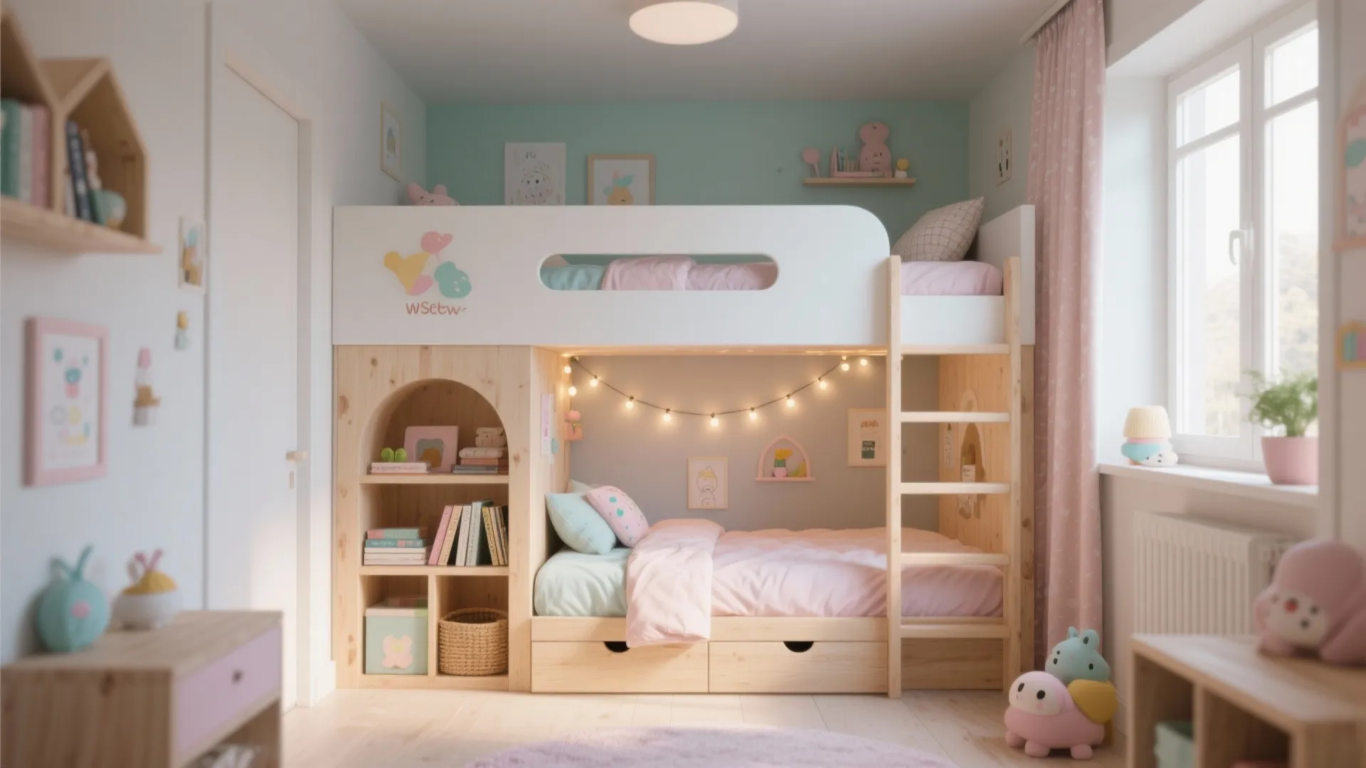Multi-functional loft bed with reading nook and string lights