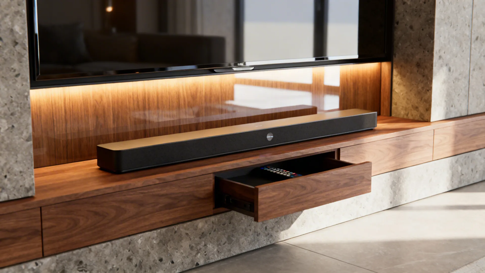 Mantel styled with a slim soundbar, single statement object, and mirrored panel for subtle reflection.