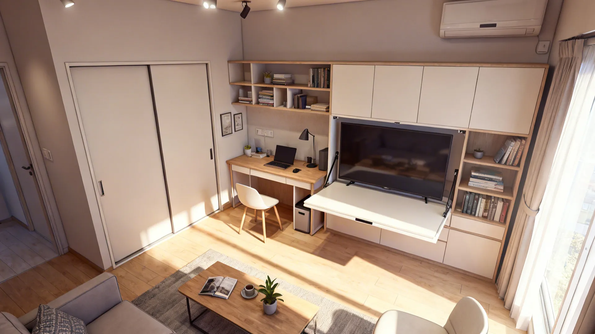 Multi functional living room design with white storage cabinet desk chair television and light wood flooring