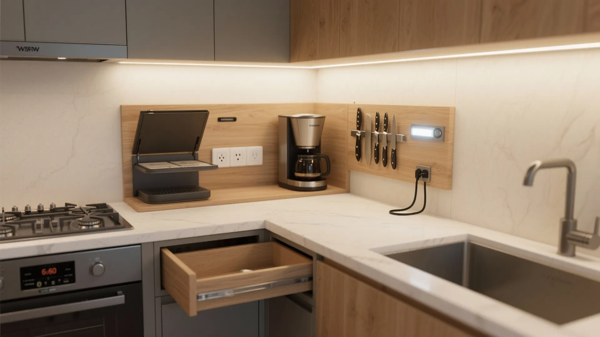 Multi-Function Zones: Coffee, Prep, and Charging in One