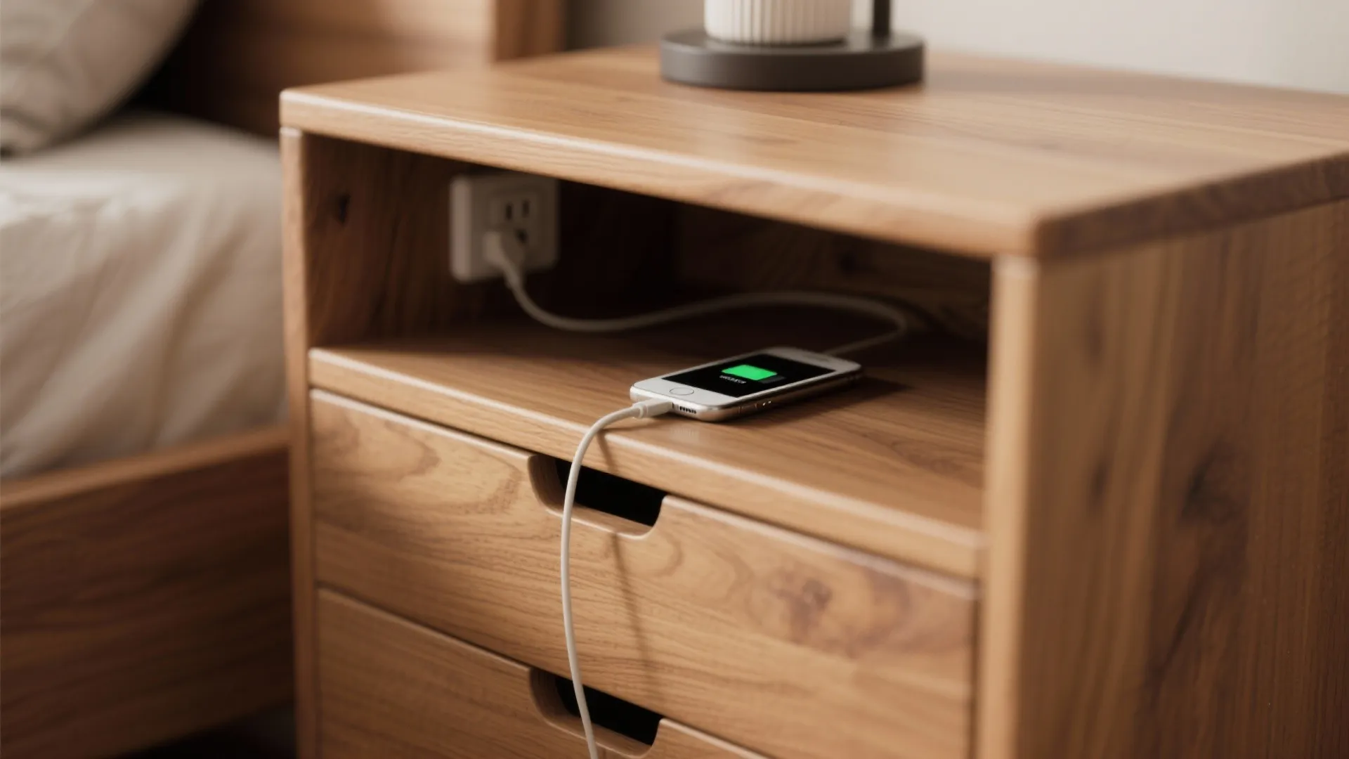 Wooden bedside table with drawers and mobile phone charging on the open shelf power outlet