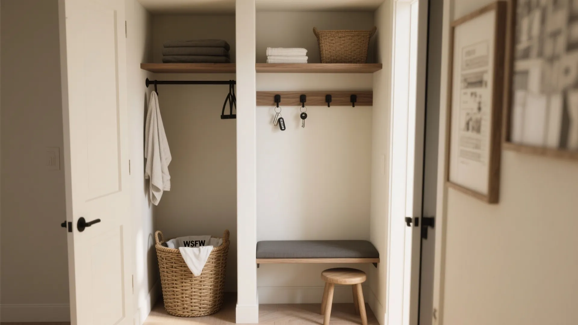 Compact mudroom nook with shallow closet, key shelf, laundry basket, and matte black hardware.