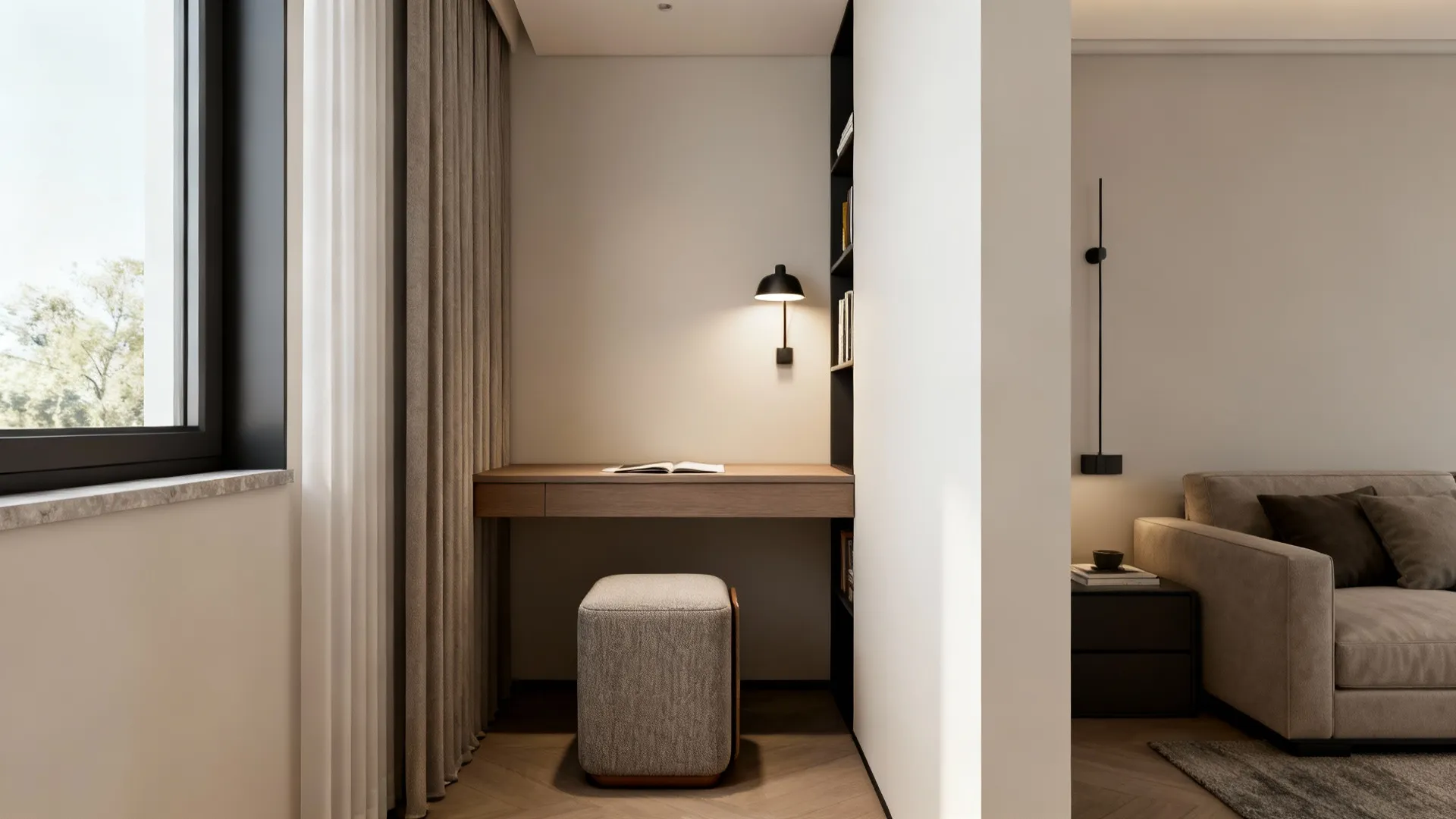 Compact multifunctional nook with a slim desk, pouf, and vertical storage at the end of a narrow living room.