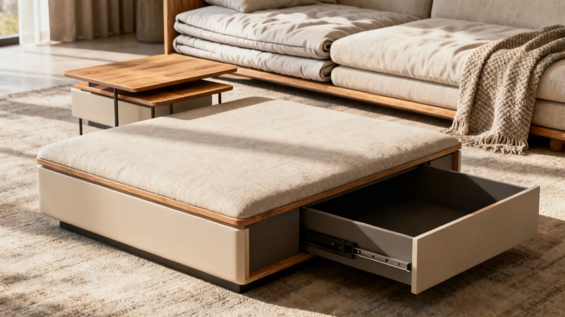 Close-up of an ottoman doubling as a coffee table with storage and nested side tables.