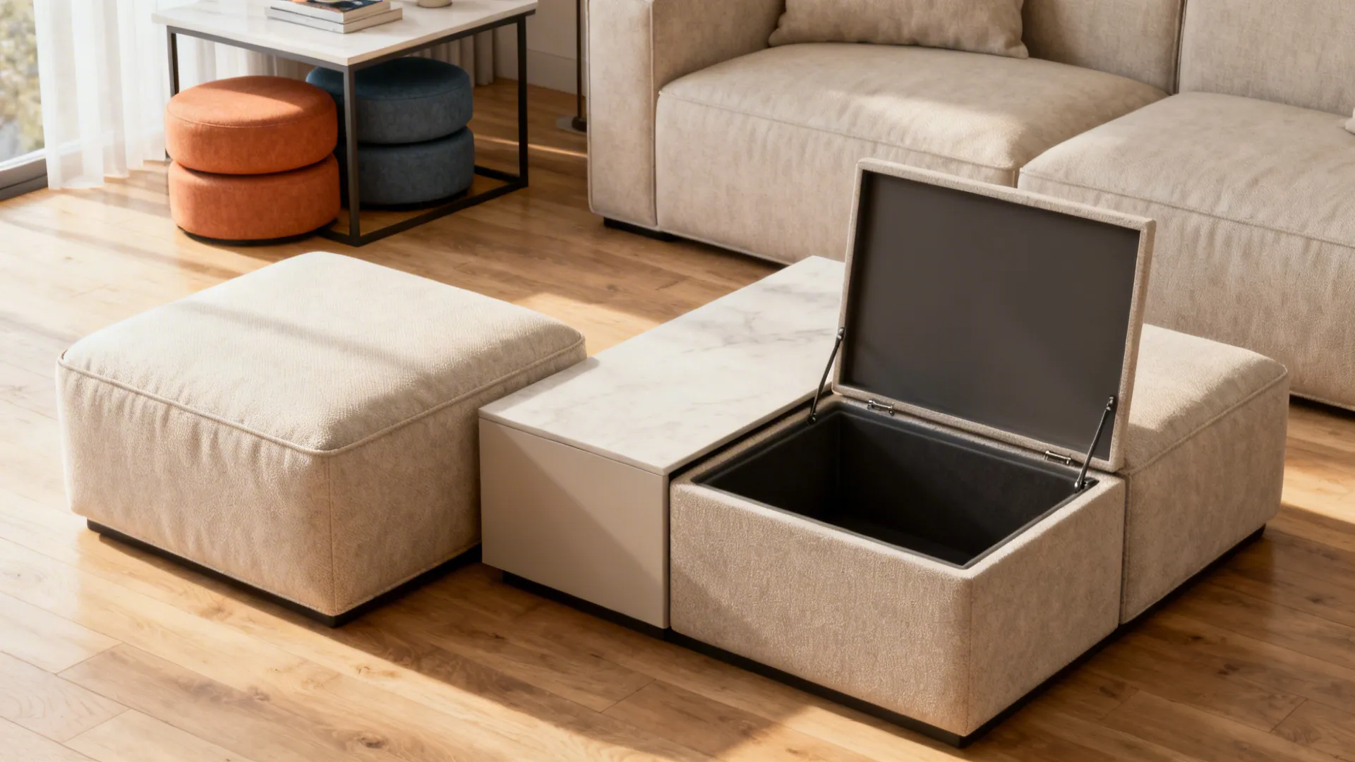 Small living room with storage ottomans serving as seating and a coffee table, one open to show hidden storage.