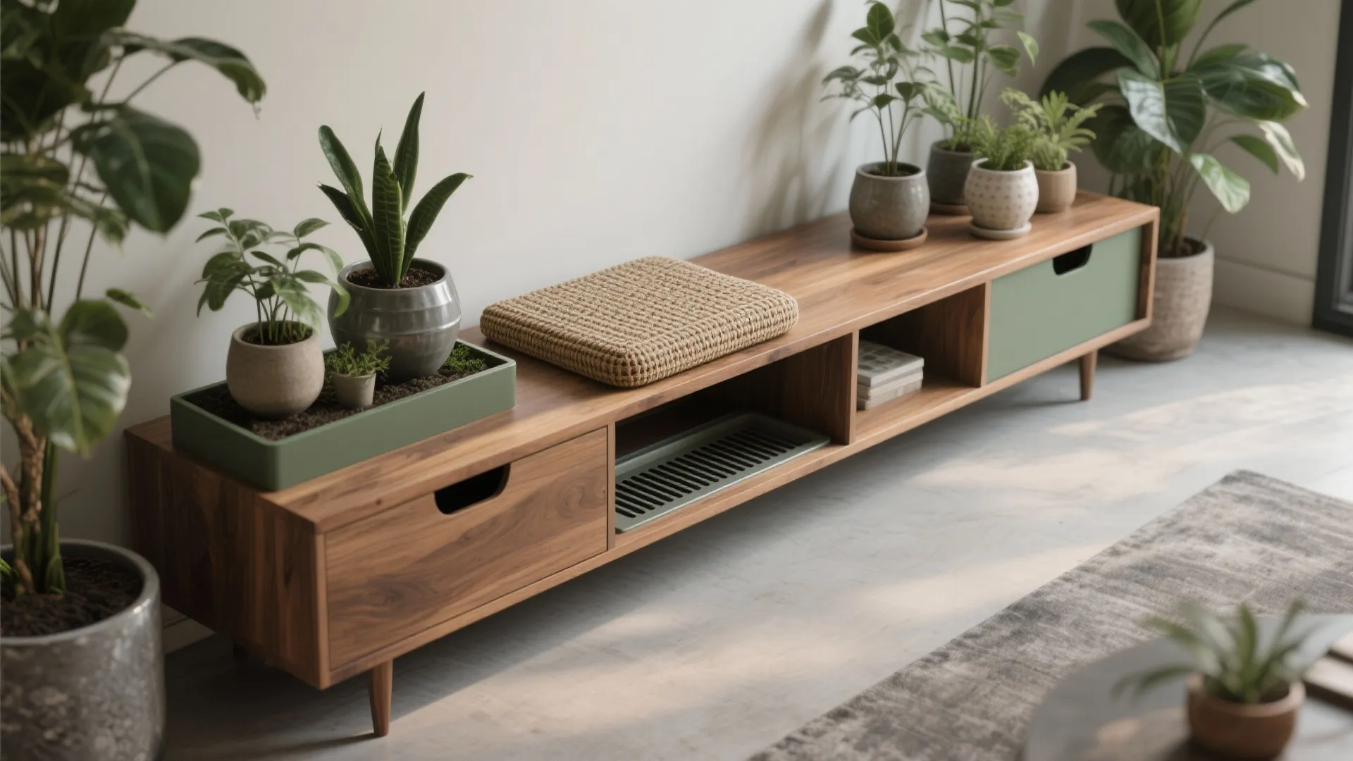 Wooden cabinet with green drawers holding several green potted plants and a small square cushion