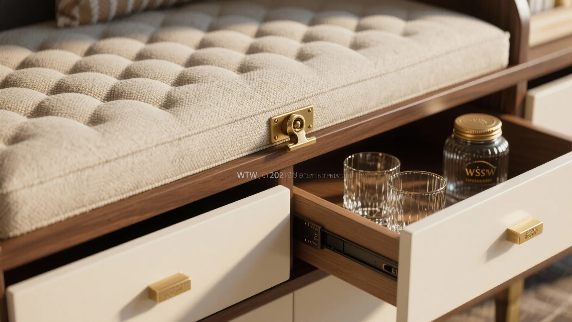 Close-up of a cushioned multifunction chest with a hidden minibar drawer and brass hardware.