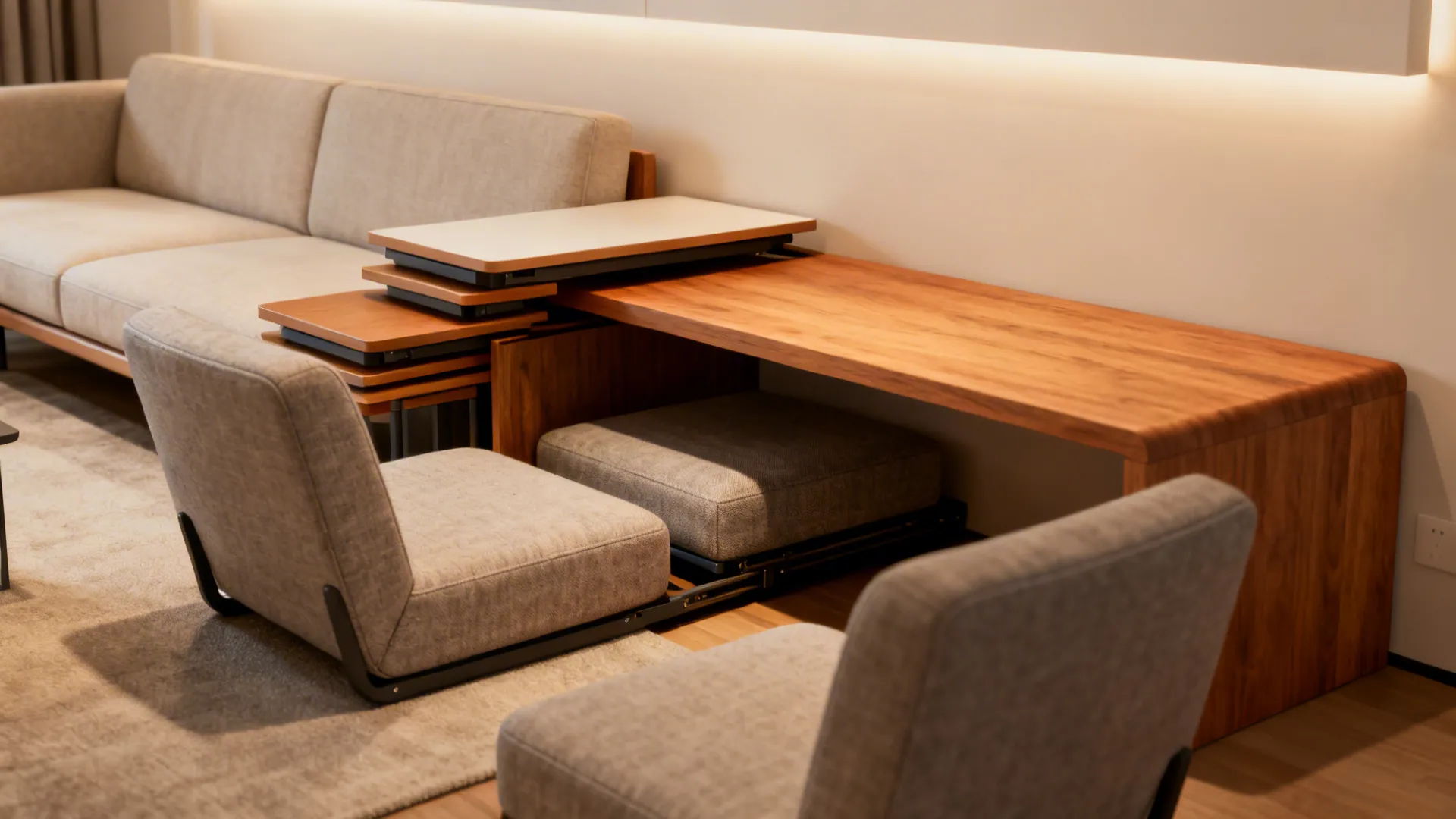 Slim sofa and two armless chairs in a multifunctional living room with a console and stackable side tables.