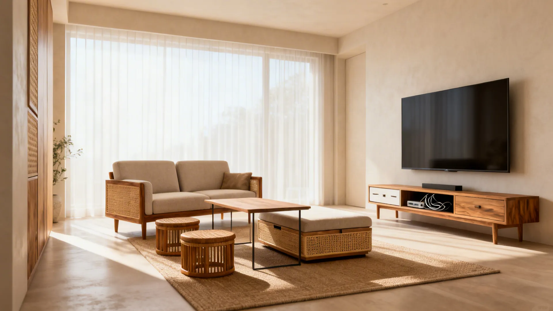 Compact living room with nesting stools, storage ottoman, slim console, and a flexible rug zone.