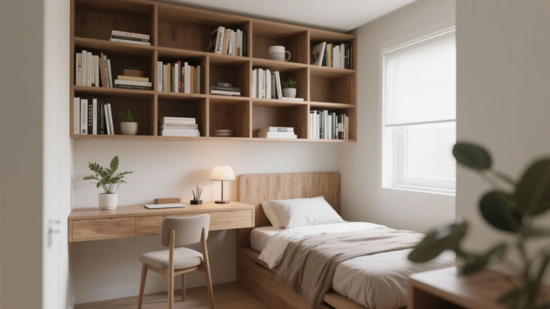 Small bedroom featuring wooden bed, desk with chair, and large wall shelf filled with books