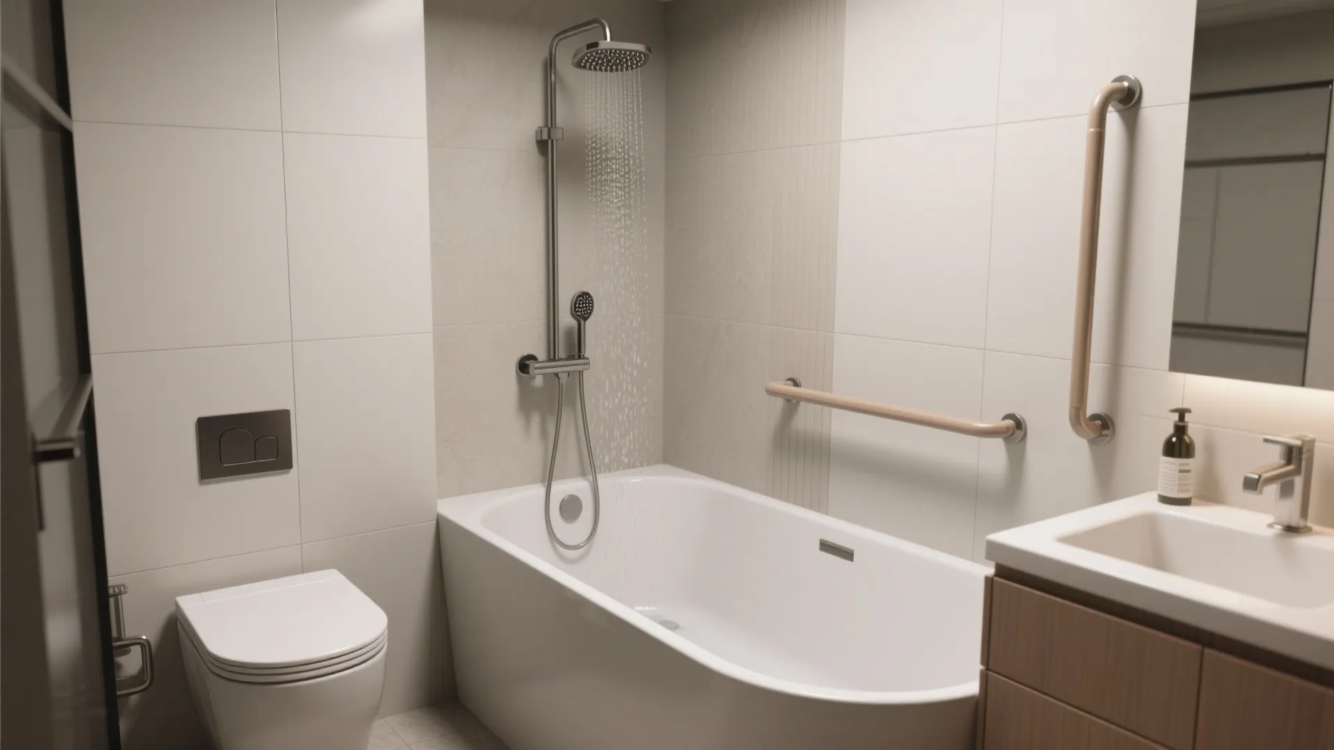 Handheld showerhead with grab bar in a compact bathroom