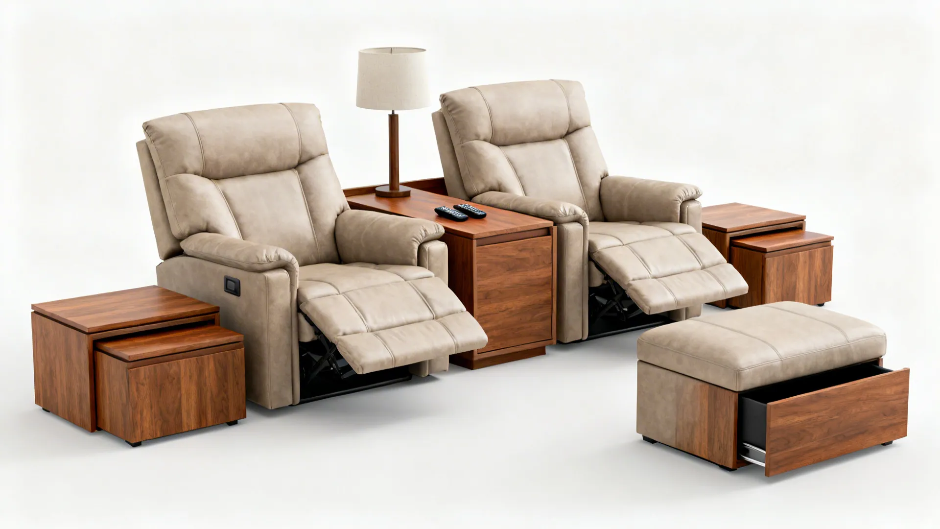 Reclining set with narrow console, nesting side tables, and storage ottoman to save space.