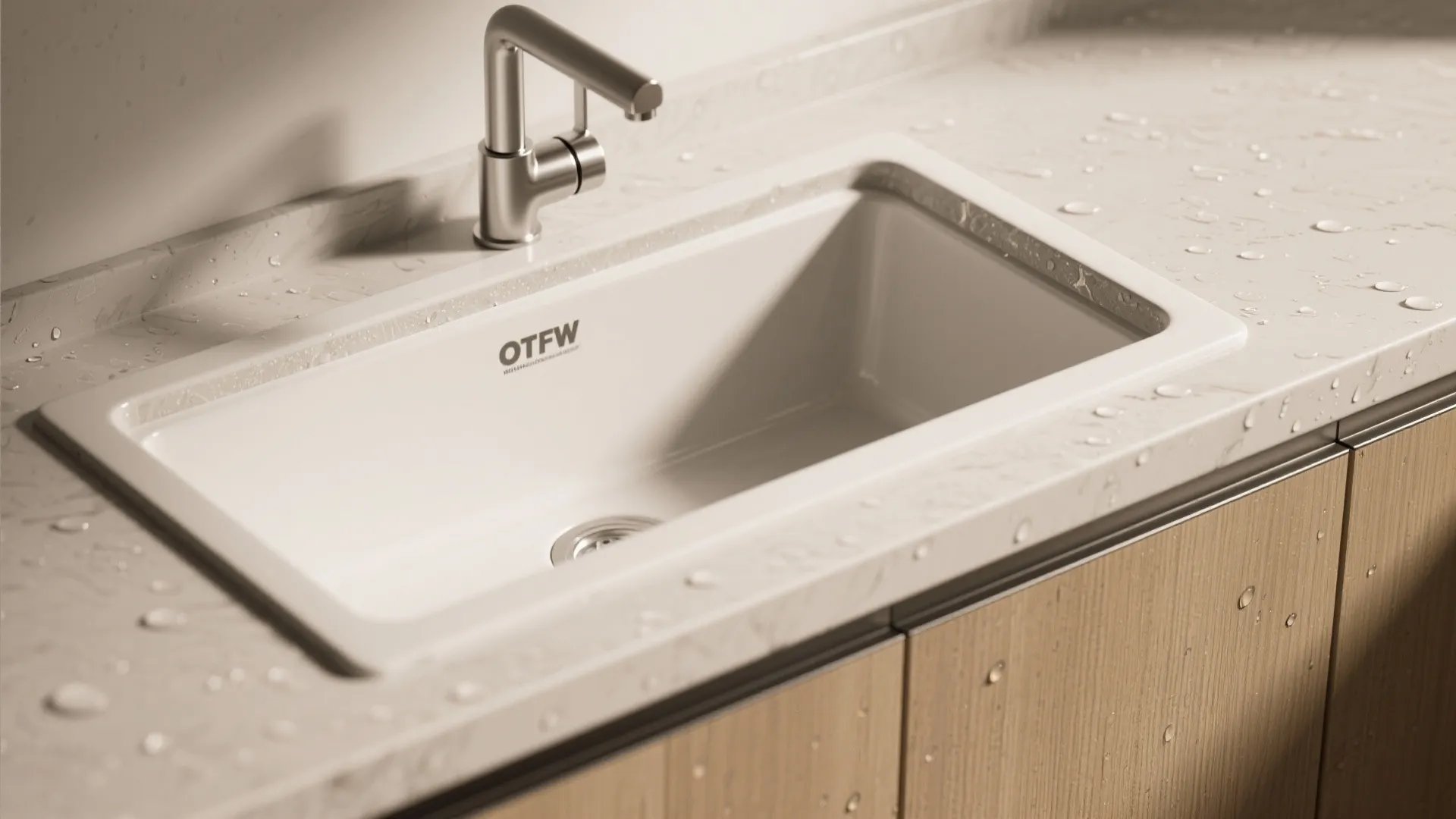 Close-up of a white bathroom sink with silver faucet on a countertop with water droplets