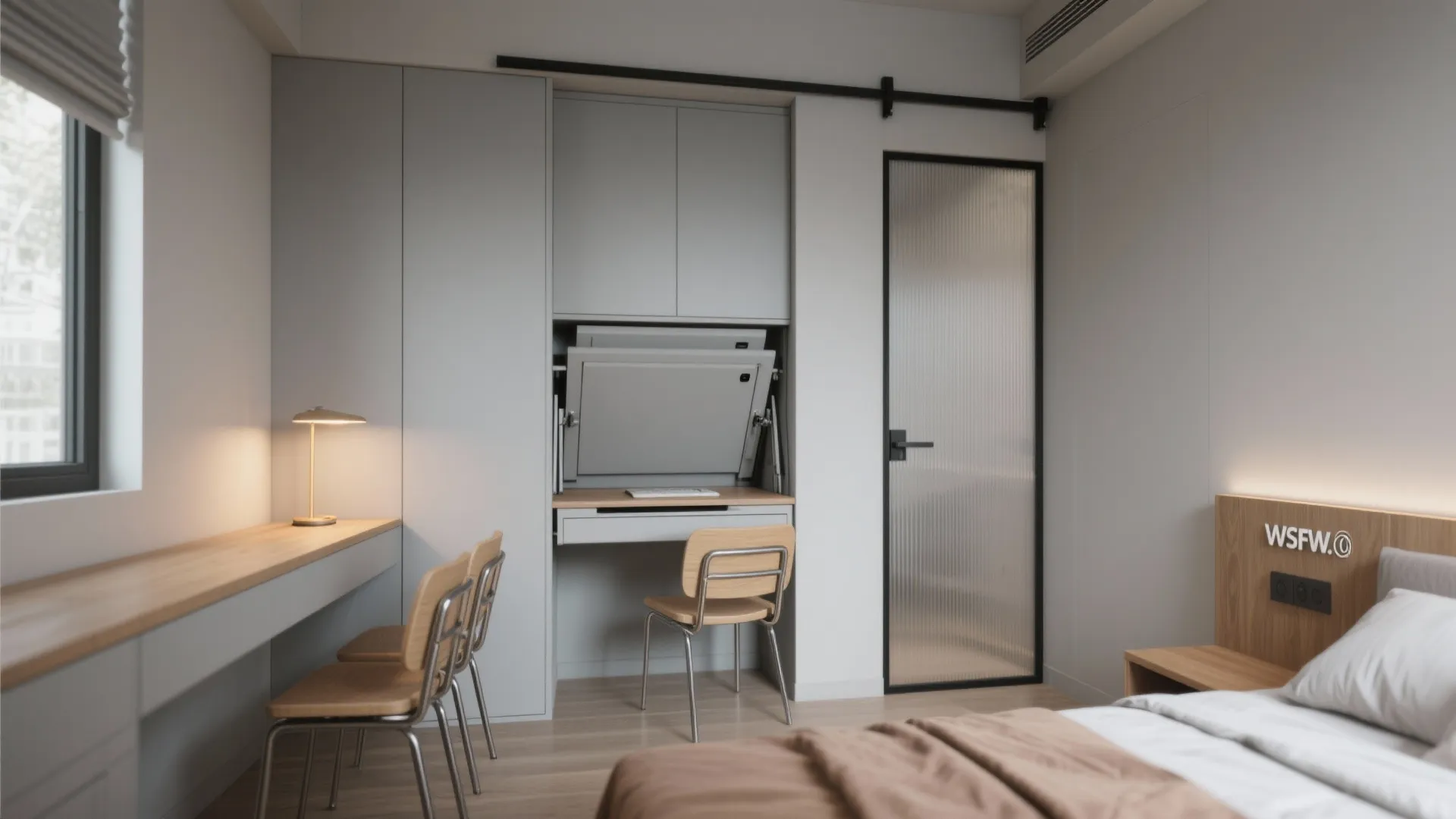 Small bedroom with multifunctional furniture, folding desk, and sliding pocket door saving space.
