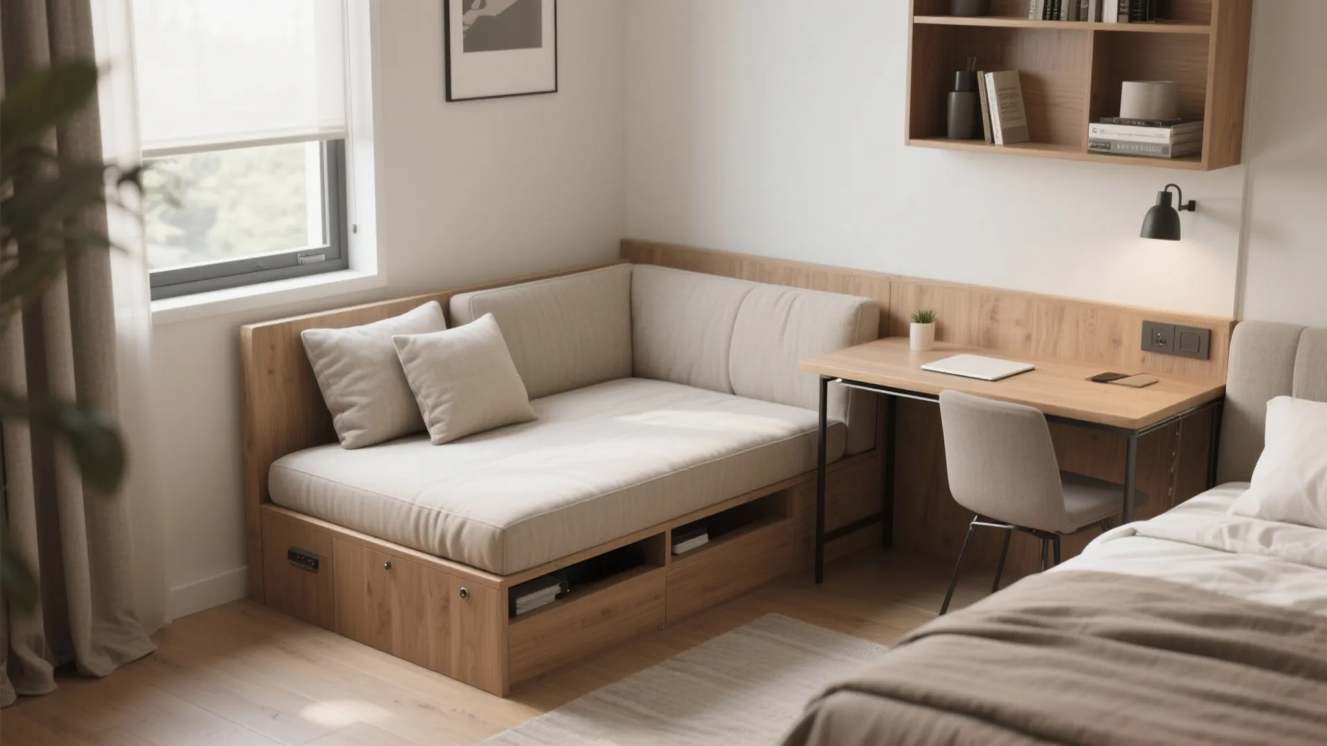 Sofa bed with integrated storage and a fold-down desk in a compact guest/office room