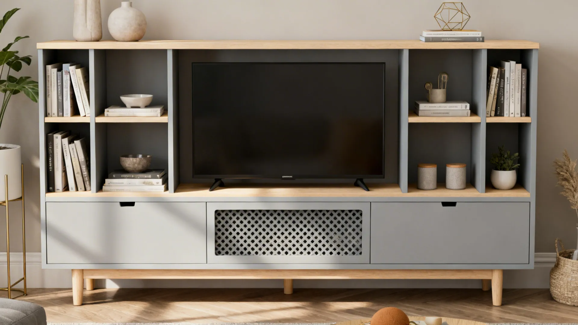 Multifunction TV stand with built-in shelves showing books, a game console space with ventilation, and decorative items.