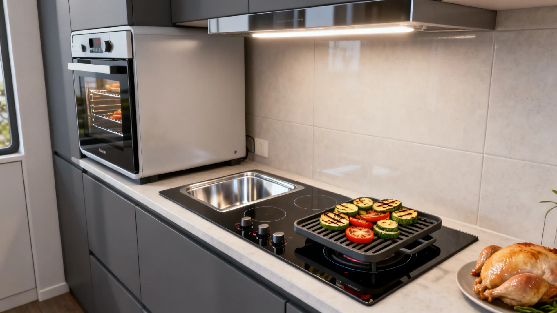 Small kitchen station with an induction grill plate and a compact combi steam oven above the counter.