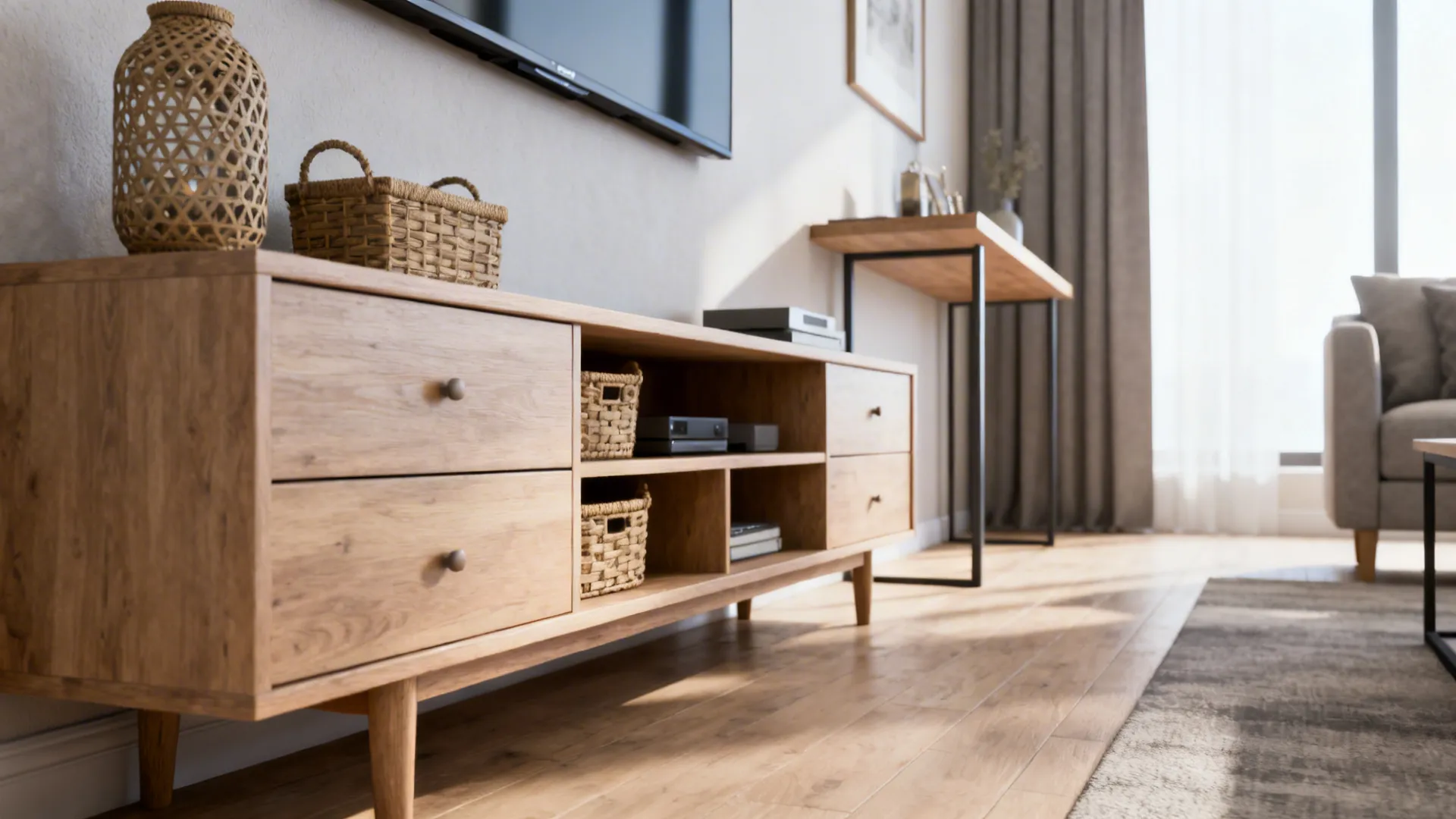 Low-profile media cabinet and shallow drawers providing multifunctional storage in a small living room.