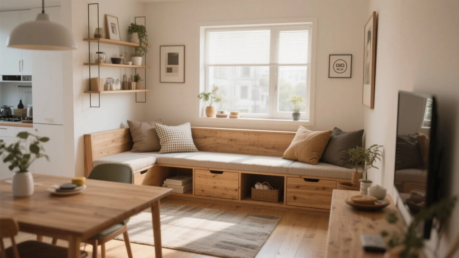 Small living dining area with storage bench for seating