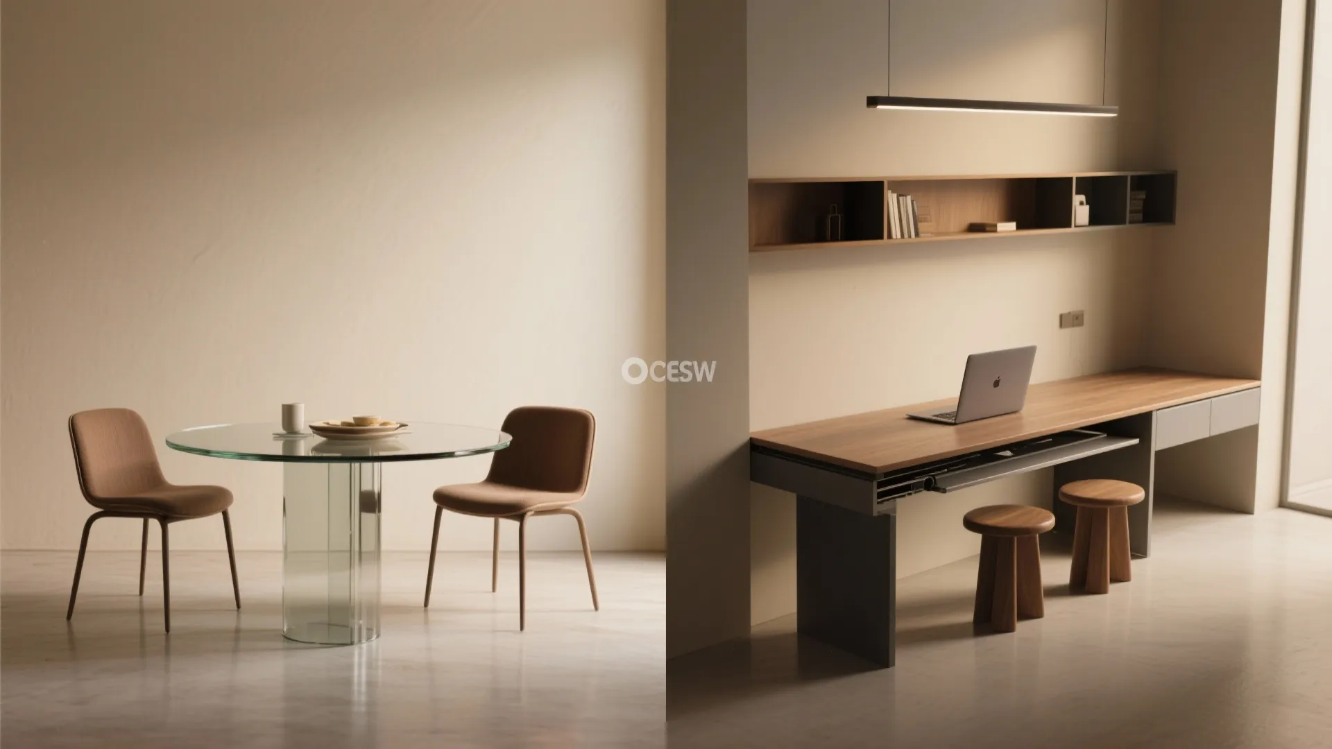 Split view showing glass dining table on left and long wooden work desk on right