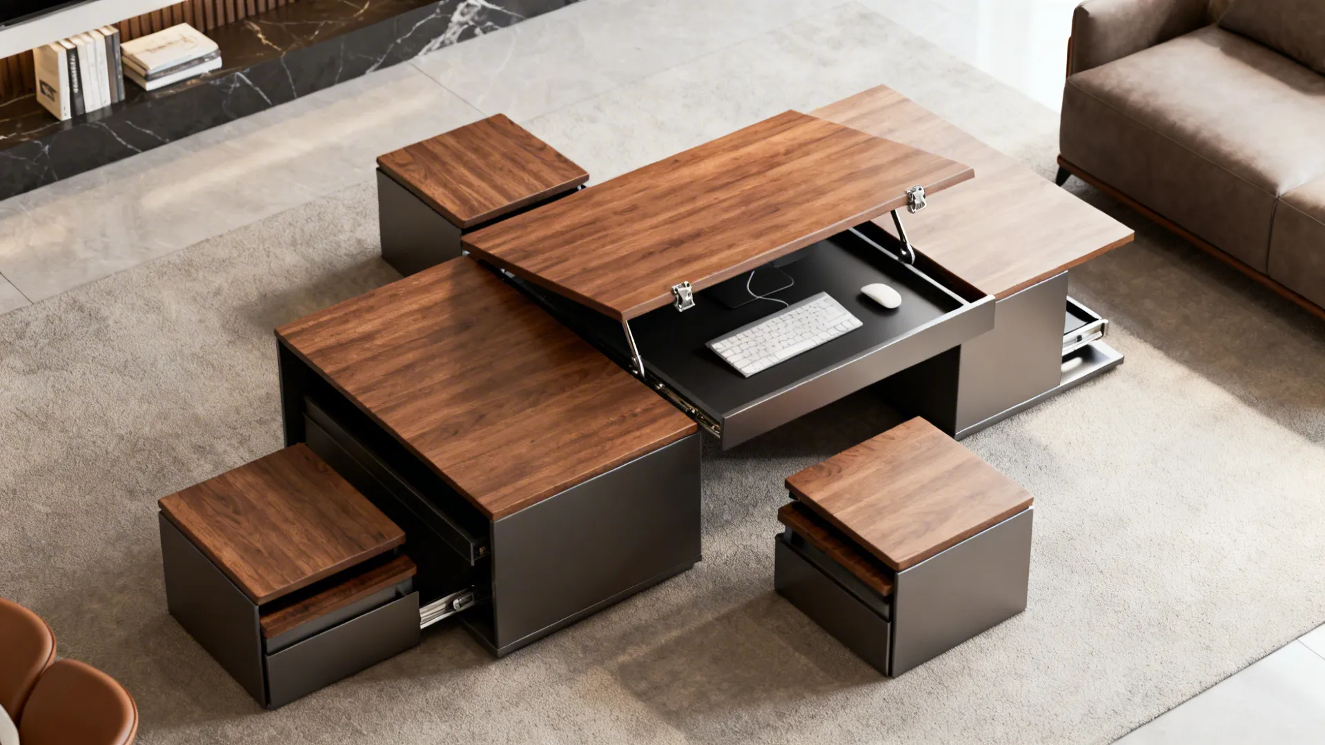 Multifunctional lift-top coffee table used as a workspace with nested stools in a modern living room