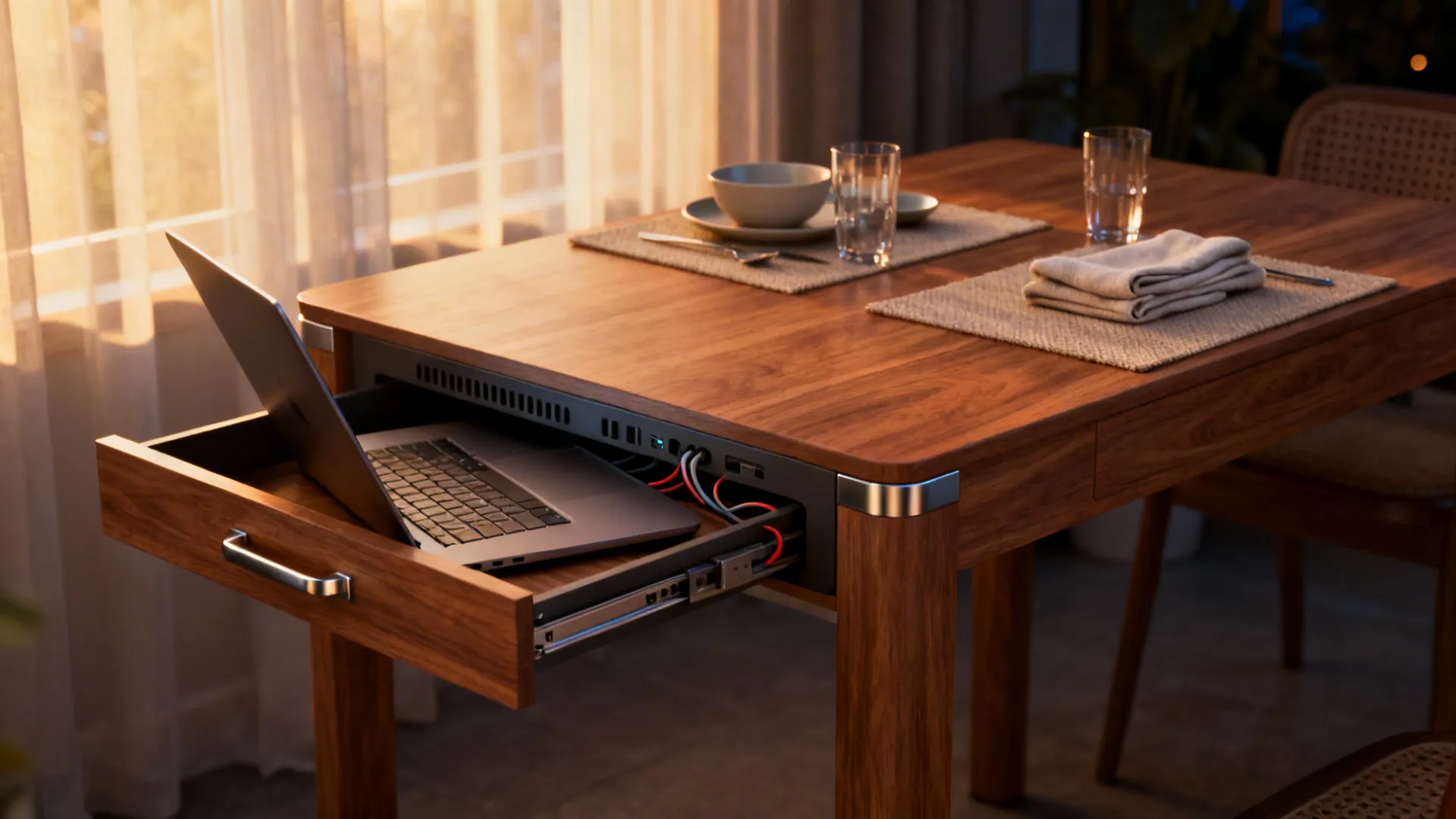 Compact multi-functional table with integrated cable management and drawer doubling as workspace and dining table