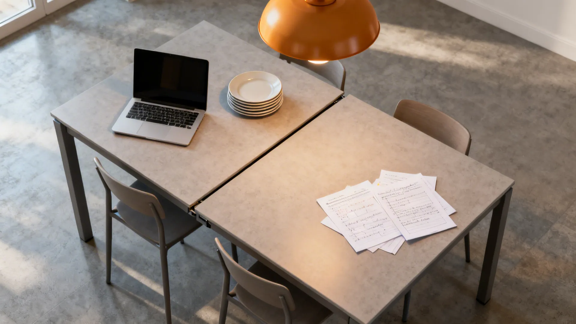 Extendable dining table used for dining and as a workspace, showing durable surface and slim chairs.