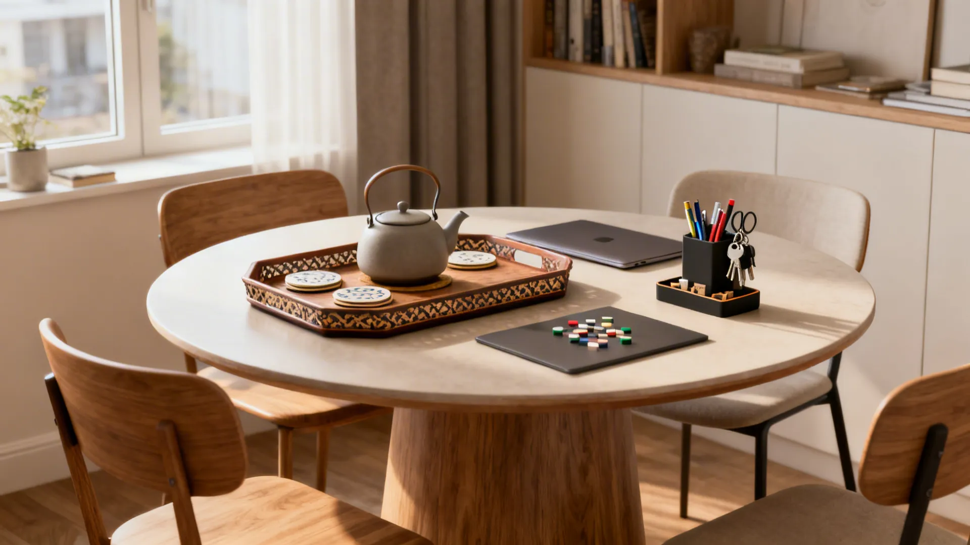 Small apartment round table with a tray organizer, teapot and coasters showing multifunctional styling.