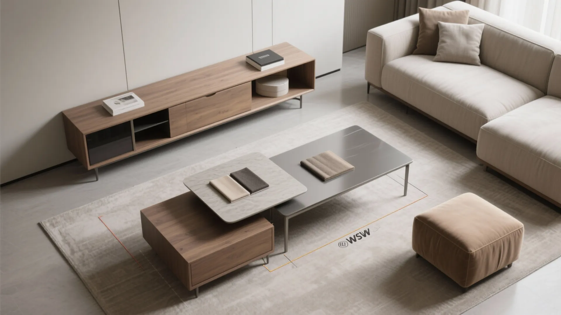 Modern living room featuring a wooden cabinet beige sofa grey coffee table and soft rug