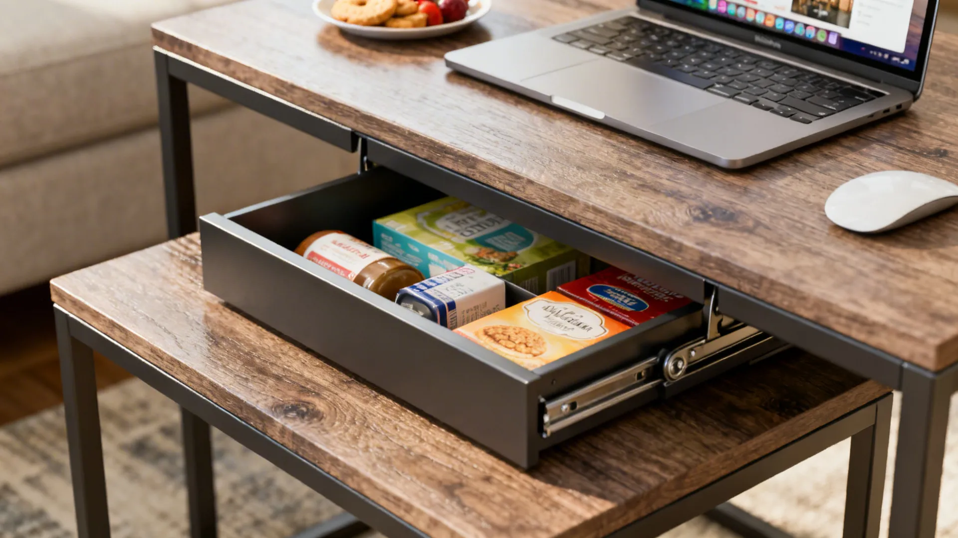 Lift-top coffee table and nesting side tables showing hidden storage and multifunctional use