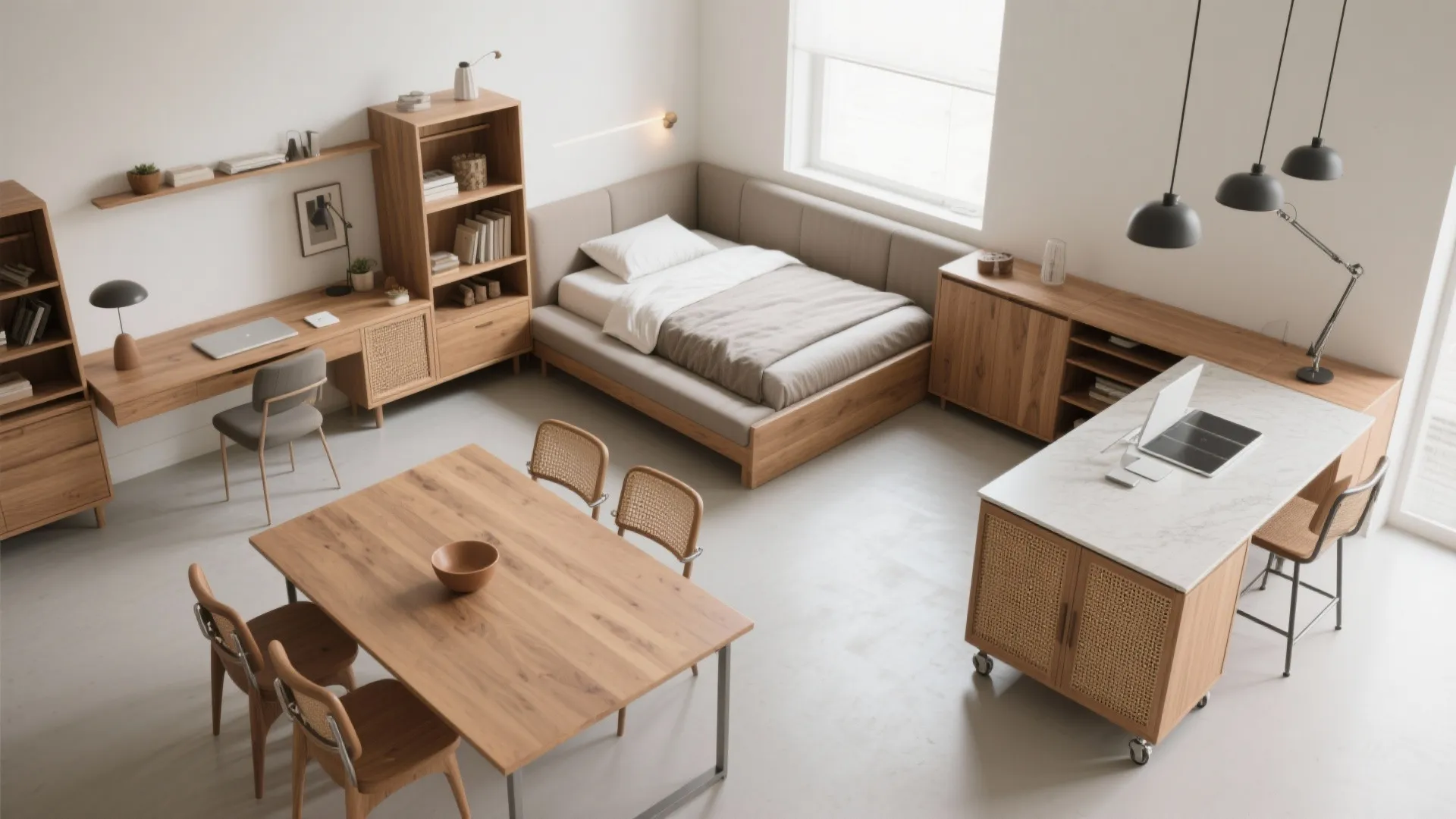 [
  {
    "url": "https://coohom-biz-sg-s3.coohom.com/ins/static/article/multifunction-top-1759903684658350100.jpg",
    "alt": "Modern multifunctional room layout with wooden dining table bed desk storage cabinets and kitchen island"
  }
]