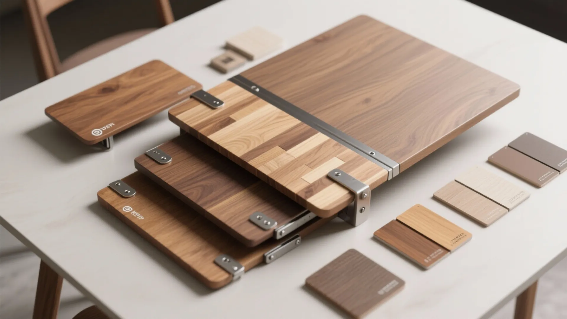 Various wooden board material samples and color swatches displayed on a white table for selection