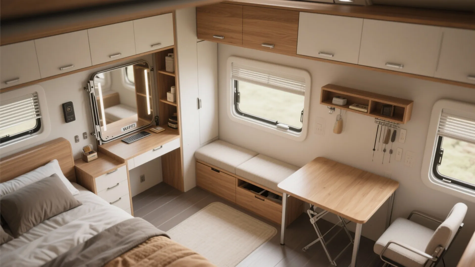 Top view of compact studio apartment showing a bed and small desk with wall cabinets