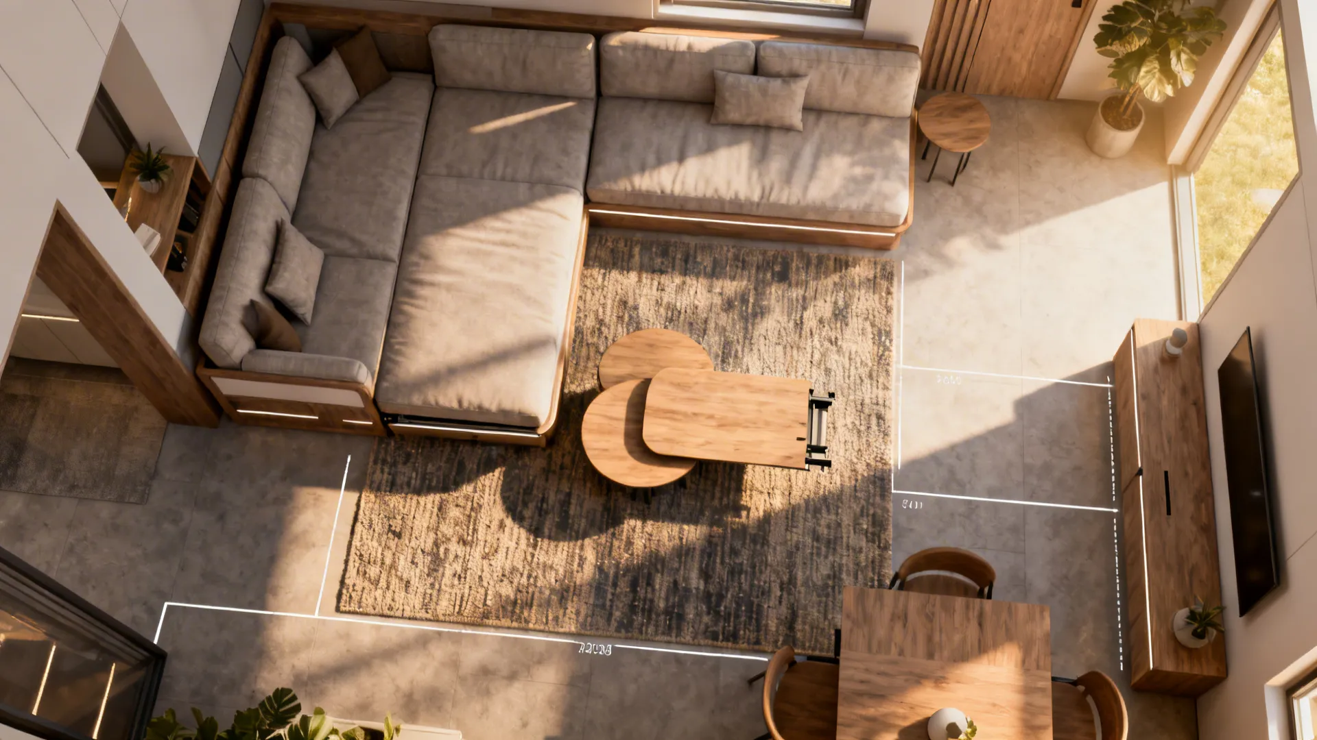 Top-down view of a small living room showing convertible sofa, nesting tables, and fold-down dining leaf