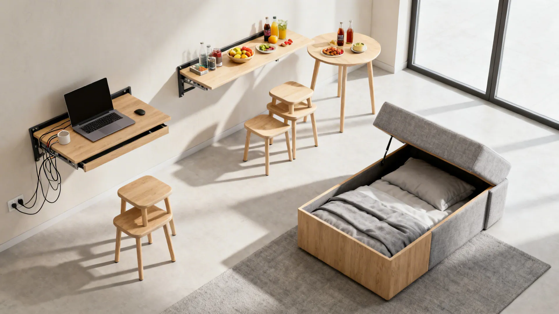 Top-down scene showing fold-down desk, stacking stools, nesting tables, and a storage ottoman.