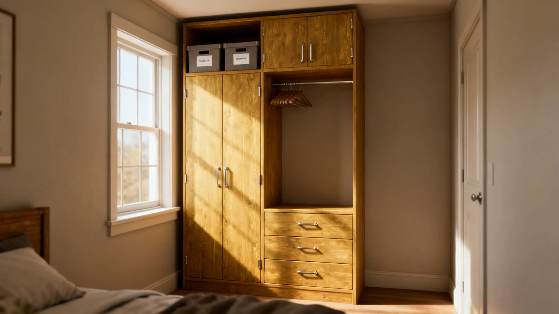 Tall multifunctional wardrobe with drawers, shallow hanging space and top cupboards in a small bedroom.