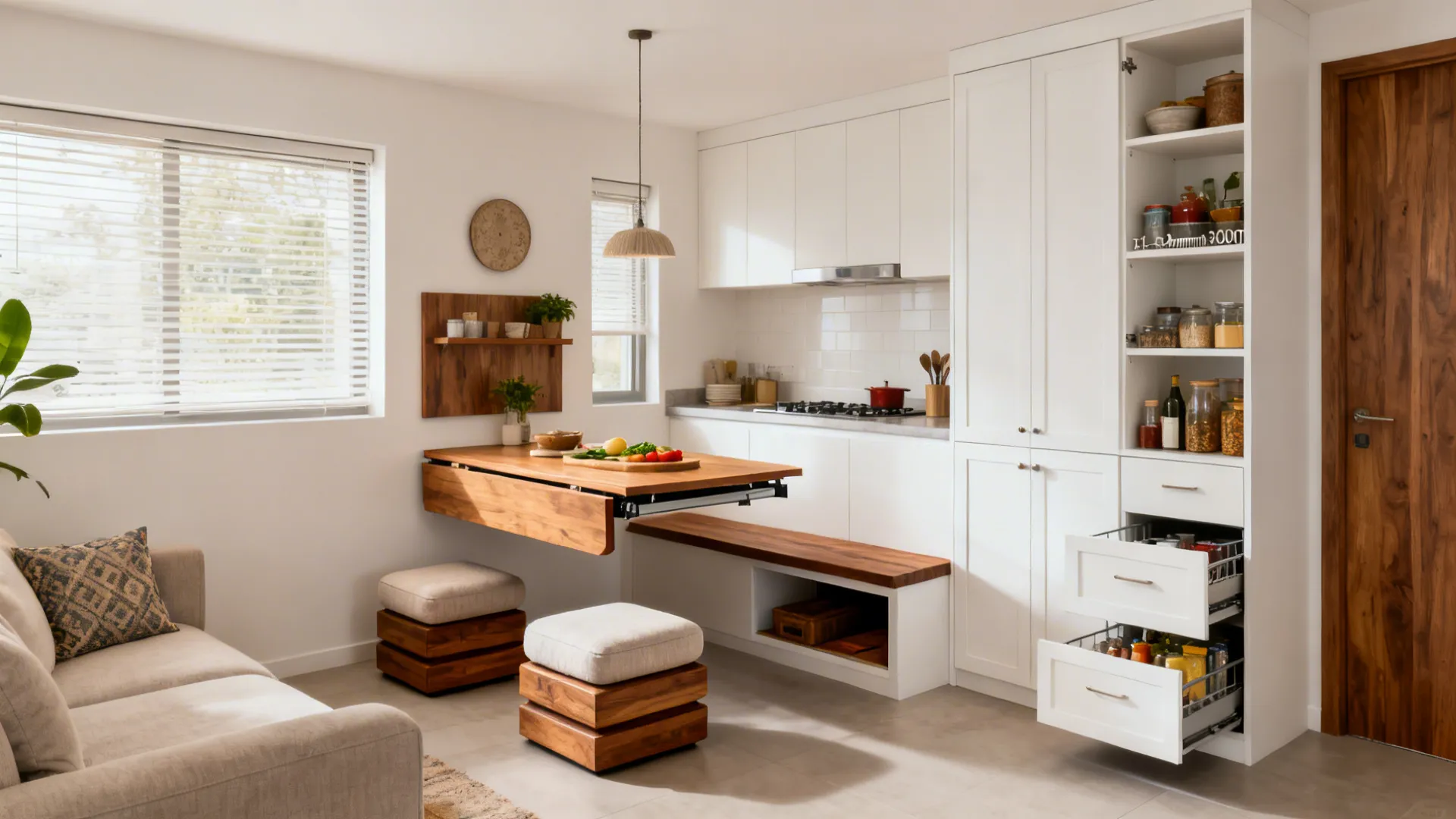 Compact living–kitchen with a wall-mounted drop-leaf table, nesting stools, and a tall pull-out pantry.