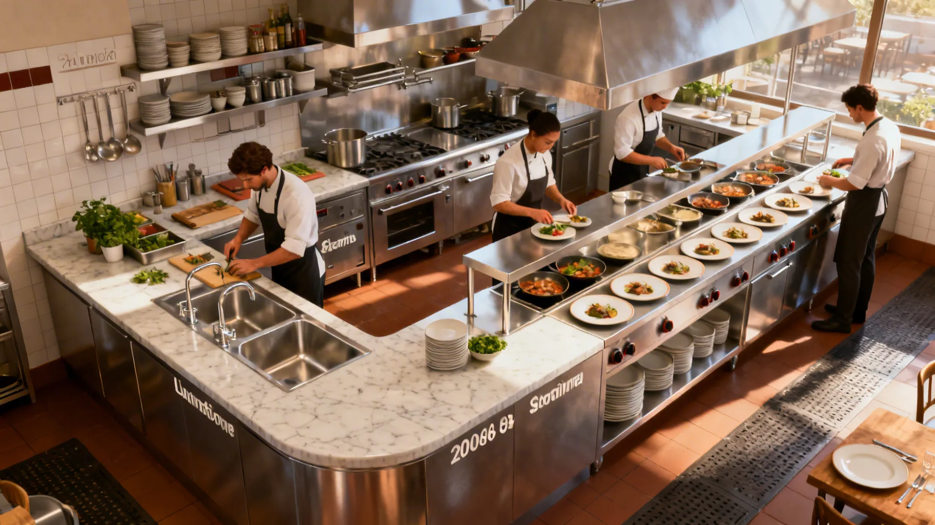 L-shaped multifunction zone combining washing, prep and plating to minimize steps.