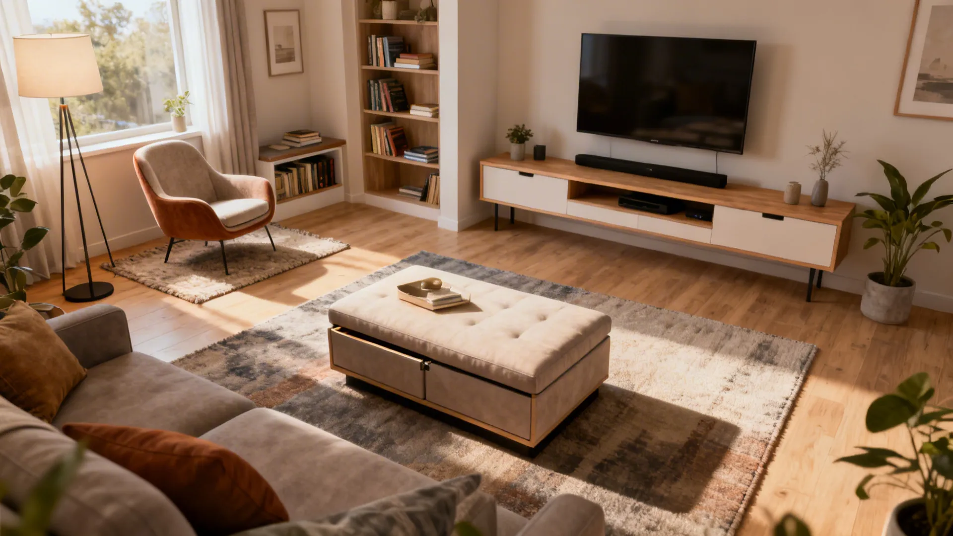 Small living room with storage ottoman, slim console, and distinct reading and TV zones.