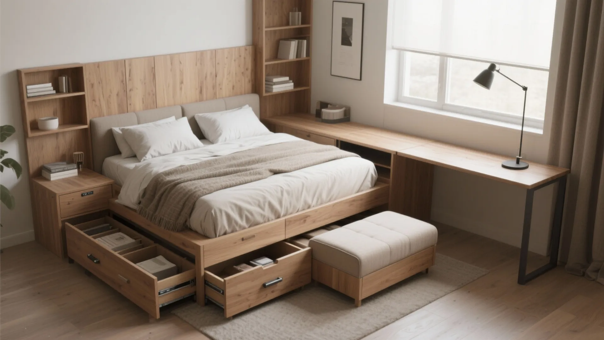 Modern wooden bed with open storage drawers plus integrated desk and shelving in bright bedroom