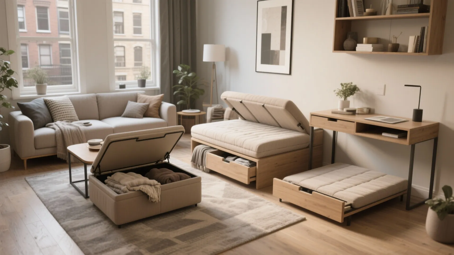 Small apartment living room with multifunctional furniture showing hidden storage inside sofa and wooden desk