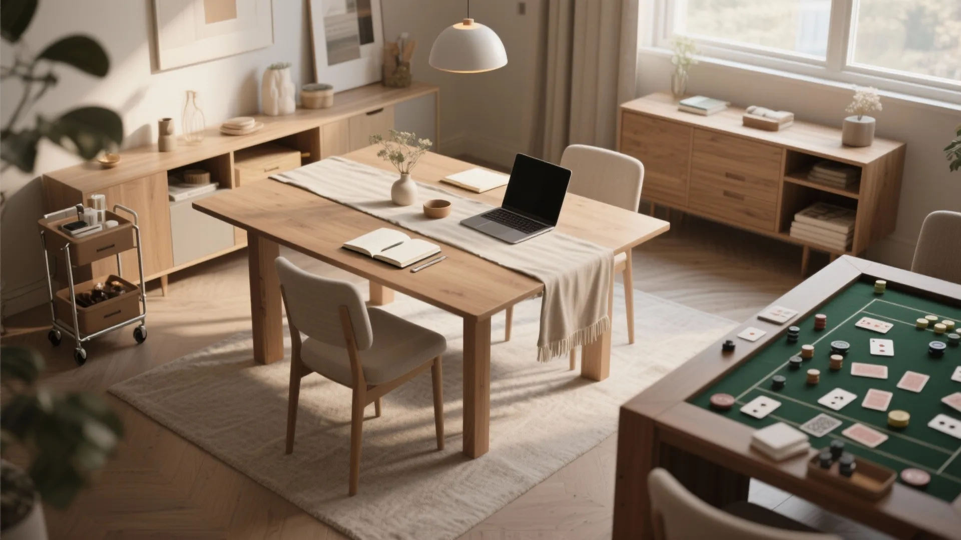 Multi-purpose room featuring wooden dining table with laptop, storage cabinets, and a green game table